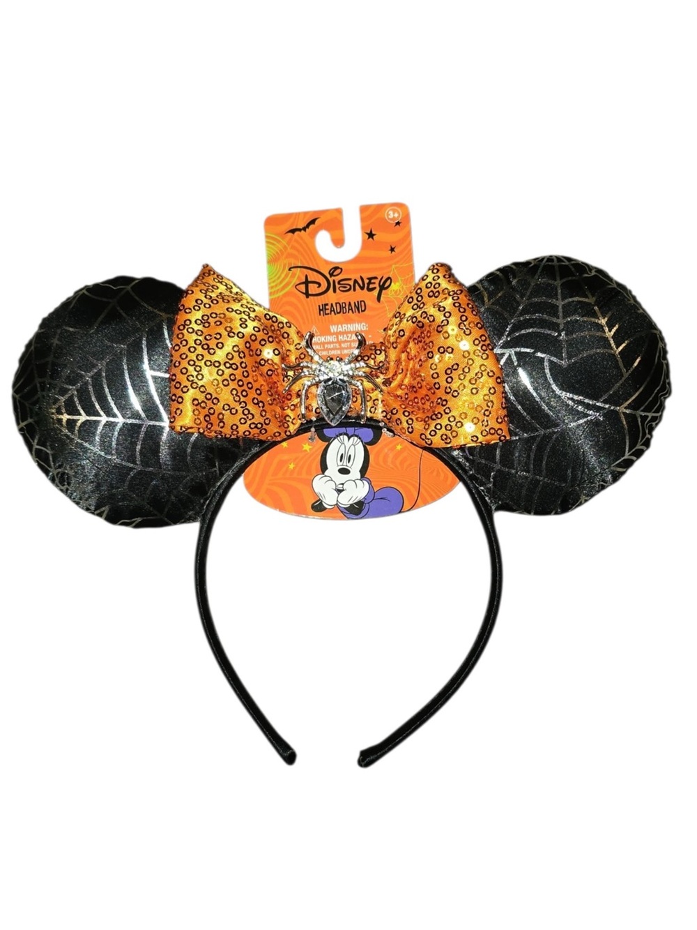 Disney Black Sequin Spiderweb Minnie Headband with Orange Bow